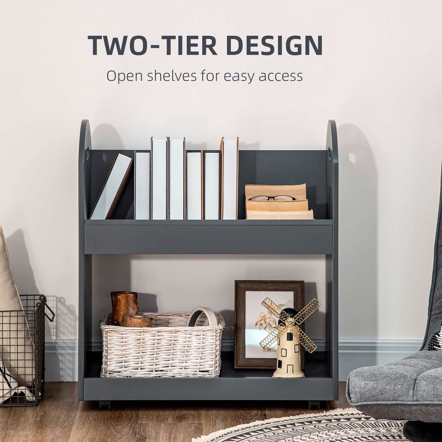 2-Tier Storage Shelves, Kitchen Cart Shelf Unit with Wheels for Dining & Living Room, Home Study, Grey