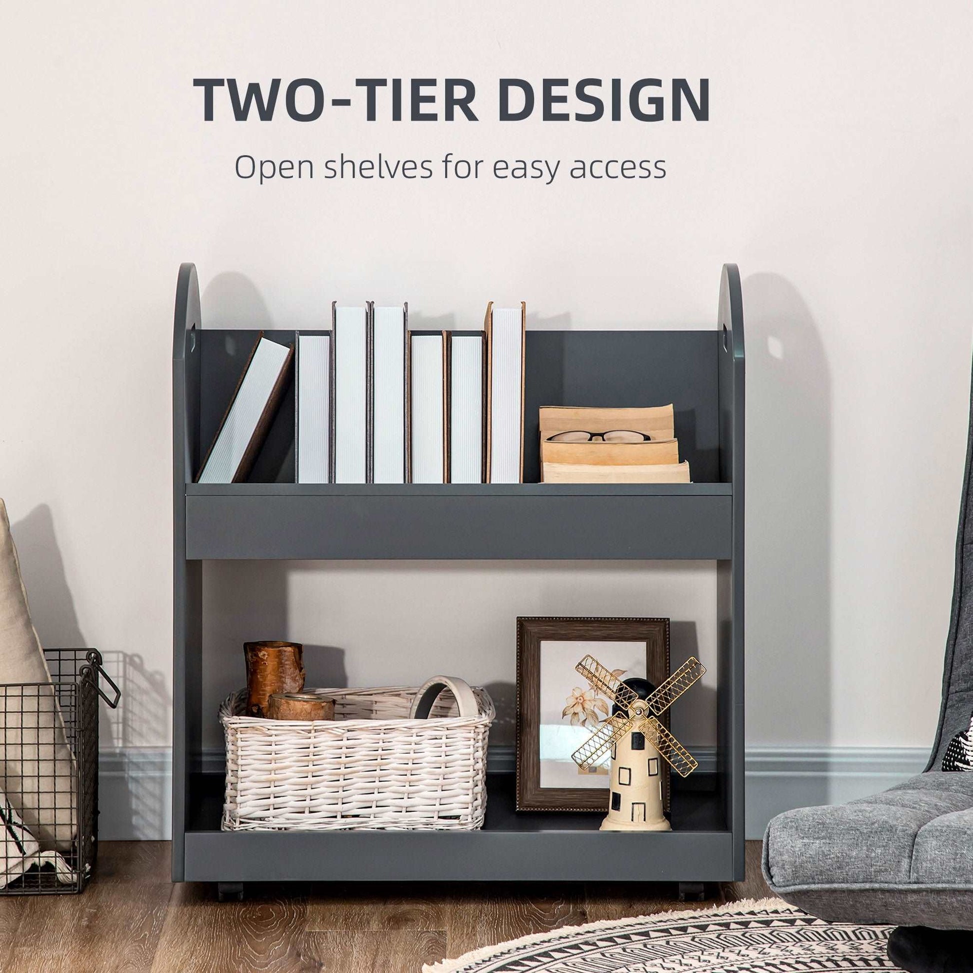 2-Tier Storage Shelves, Kitchen Cart Shelf Unit with Wheels for Dining & Living Room, Home Study, Grey