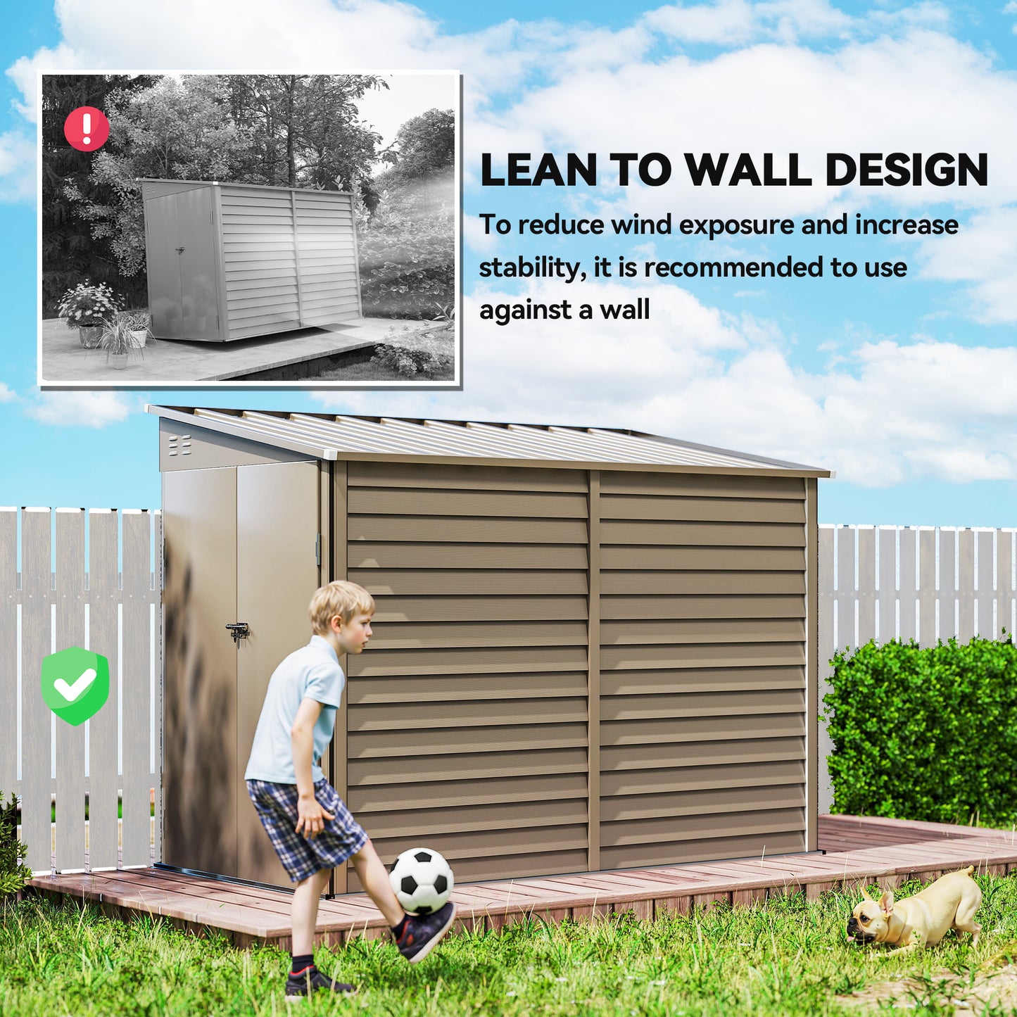 Outsunny 5 x 9ft Galvanised Metal Garden Shed with Foundation Kit, Outdoor Lean-to Shed, Tool Storage House with Lockable Doors, Brown