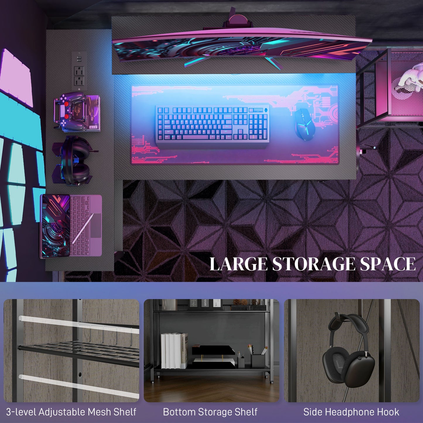 Reversible 'L' LED Light Gaming/Work Desk - Black