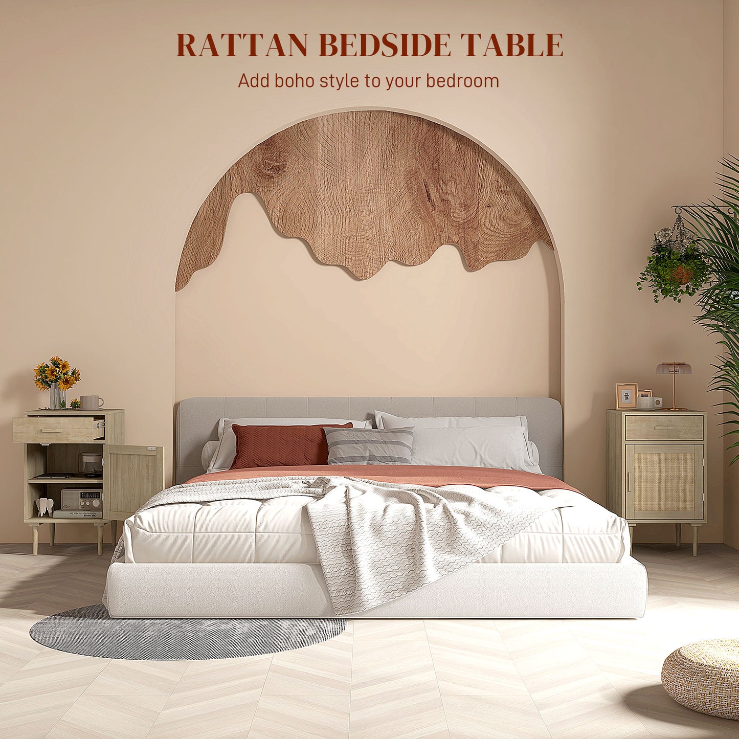 Set of 2 Rattan Boho Bedside Tables | Drawer & Cabinet | Natural Wood Finish
