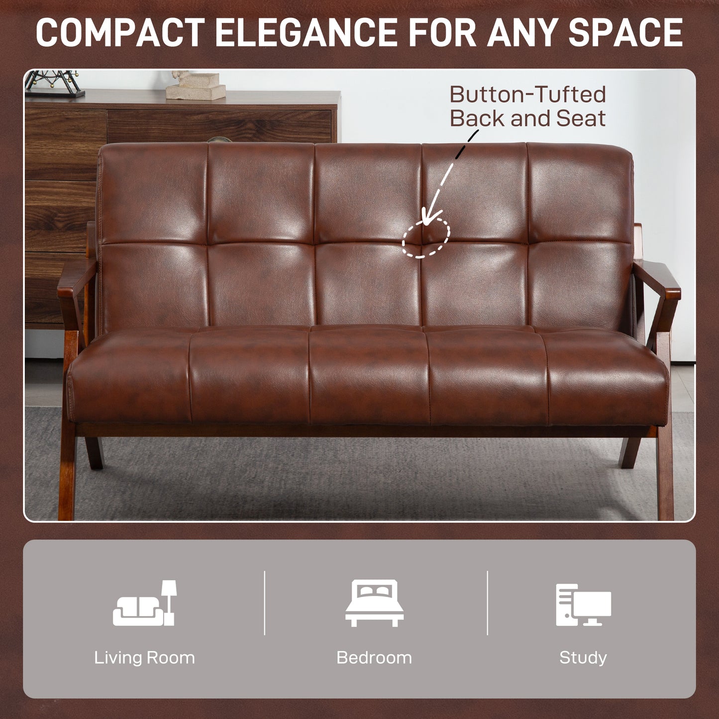 Retro Compact 2 Seater Sofa, Vintage Tufted Loveseat Sofa with Solid Wood Legs, PU Leather Small Couch Settee for Living Room, Bedroom, Home Office, 133 x 81 x 785 cm, Brown