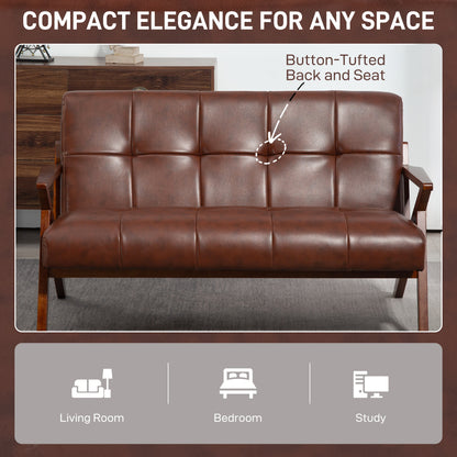 Retro Compact 2 Seater Sofa, Vintage Tufted Loveseat Sofa with Solid Wood Legs, PU Leather Small Couch Settee for Living Room, Bedroom, Home Office, 133 x 81 x 785 cm, Brown