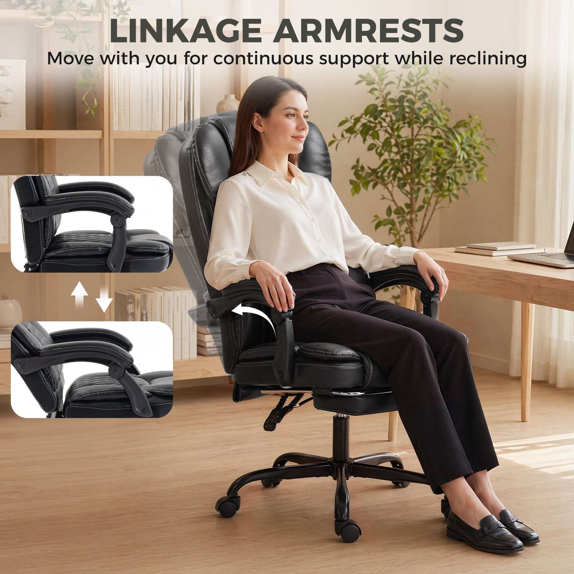 High-Back Executive Reclining Office Chair | 90-135° Recline | Linkage Armrests | Retractable Footrest | Pocket Spring & Foam Seat | PU Leather | EN1335 & BS5852 | 120kg | Black