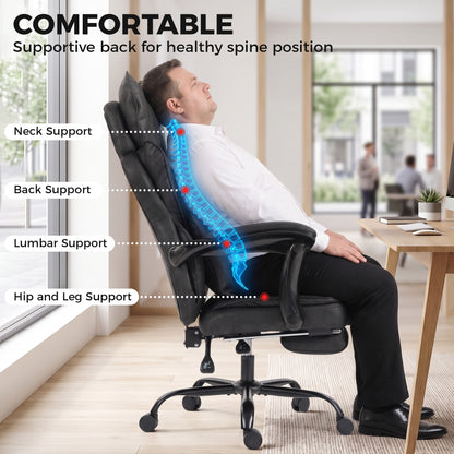 Executive Office Chair | Leathaire | 13cm Spring-Core Seat | 135° Recline & Pull-Out Footrest | Linkage Armrests | Lumbar Pillow | Adjustable Headrest | Fire-Retardant | 180kg | Up to 190cm | Black / Grey