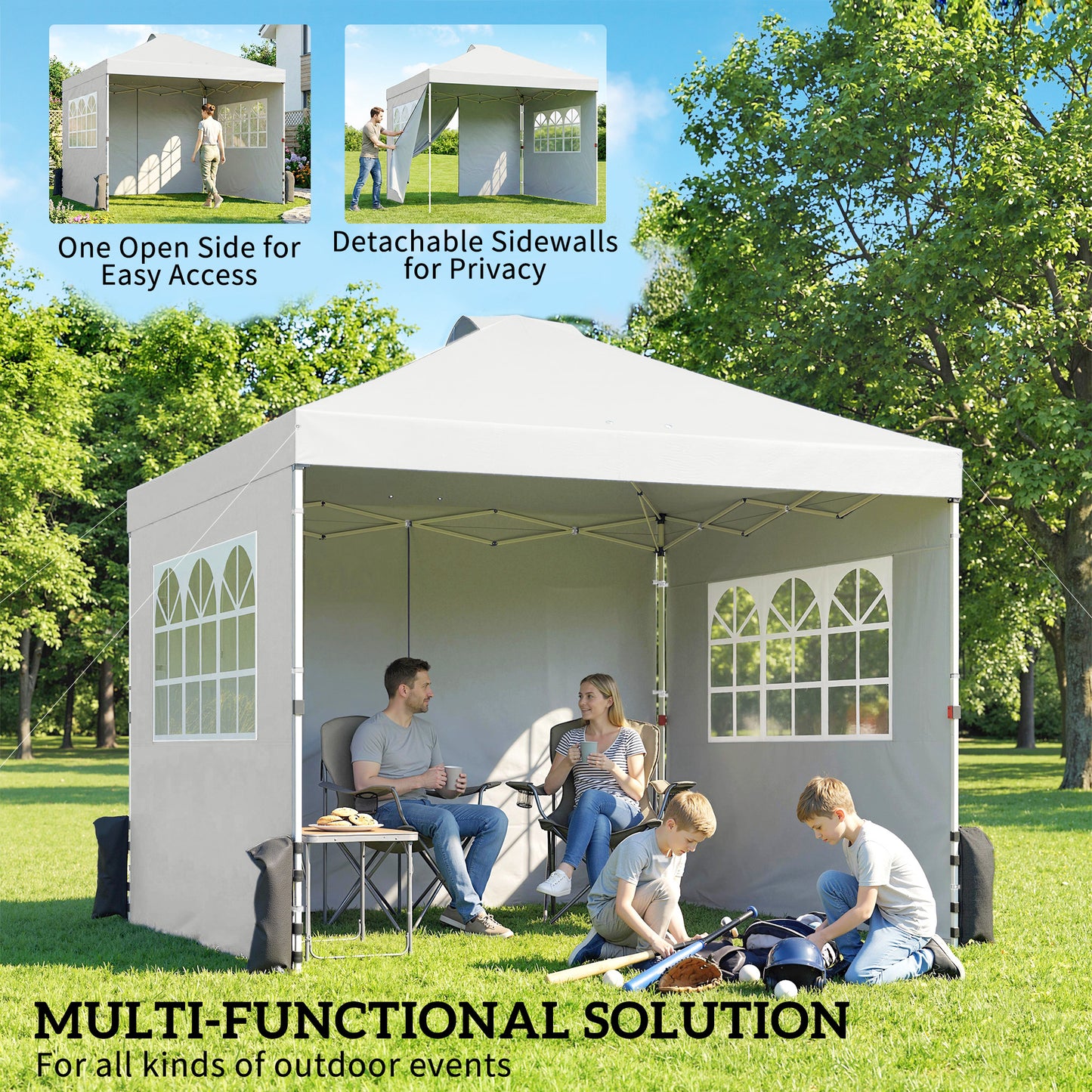 3x3m Pop-Up Canopy Gazebo | UPF50+ Waterproof 210D Oxford Fabric | 3 Detachable Sidewalls | 2 Church Windows | 2 Top Vents & 8 Drainage Holes | 3-Height Steel Frame to 285cm | 4 Guy Ropes & 12 Stakes | Wheeled Carry Bag | White