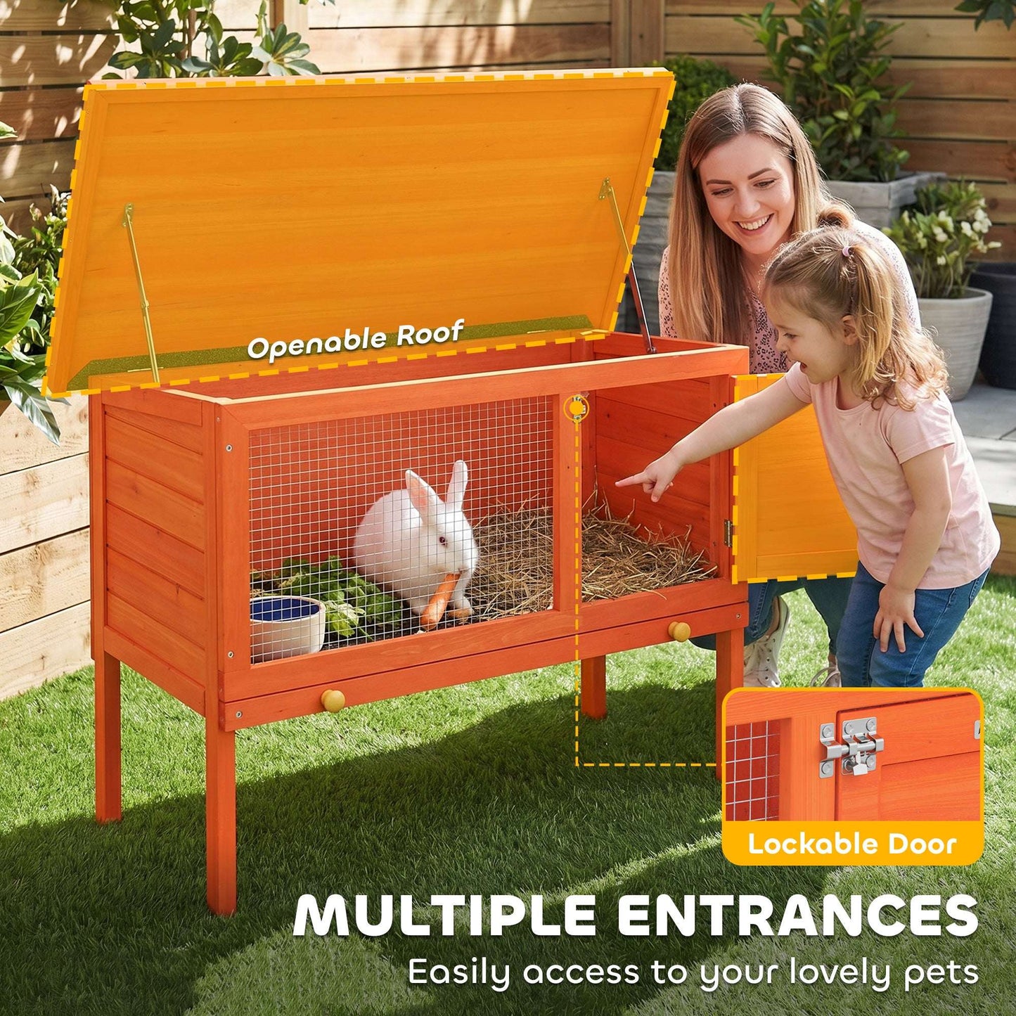 Wooden Rabbit Hutch & Guinea Pig House | Asphalt Roof | Solid Pine | Water-Resistant Paint | Galvanised Wire | Lockable Door | Removable Tray | Elevated | 90x45x65cm