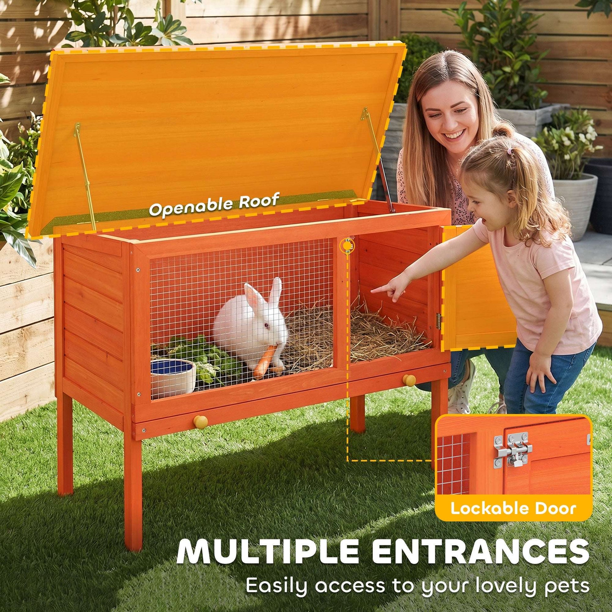Wooden Rabbit Hutch & Guinea Pig House | Asphalt Roof | Solid Pine | Water-Resistant Paint | Galvanised Wire | Lockable Door | Removable Tray | Elevated | 90x45x65cm