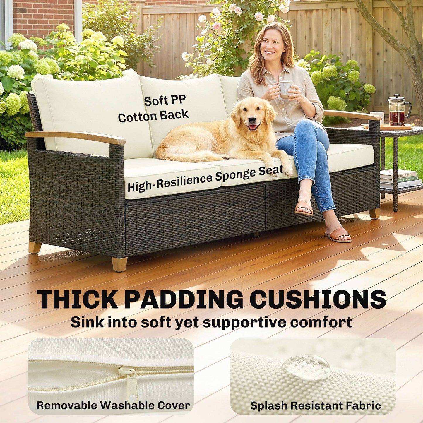 3-Seater Rattan Garden Sofa | PE Wicker | 10cm Seat Cushions | Washable Covers | Wood-Effect Arms | 360kg | All-Weather | Brown