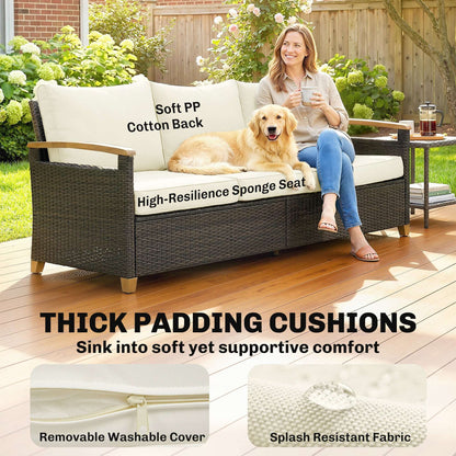 3-Seater Rattan Garden Sofa | PE Wicker | 10cm Seat Cushions | Washable Covers | Wood-Effect Arms | 360kg | All-Weather | Brown
