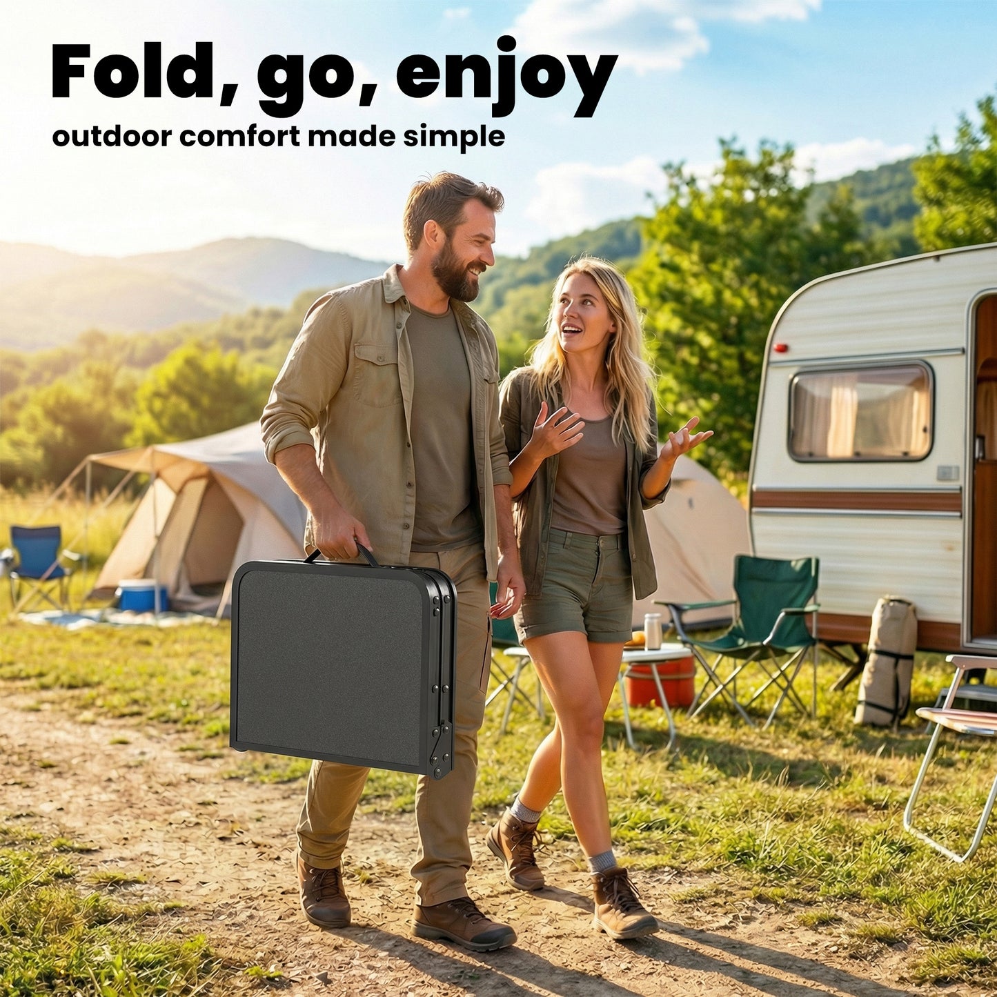 Folding Camping Table 2ft – 4 Adjustable Heights, Mesh Storage Layer, Aluminium Frame, Folds to 40x30x7cm, 30kg Capacity, Tool-Free Setup – Black