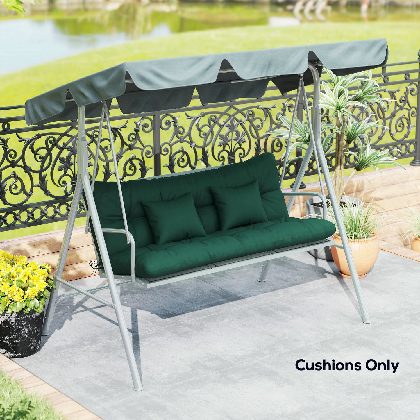 Outdoor Seat & Back Cushion Set | 3-Seater | 2 Pillows | Water Repellent | Tufted | Flame Retardant | 150x50x10cm | Green