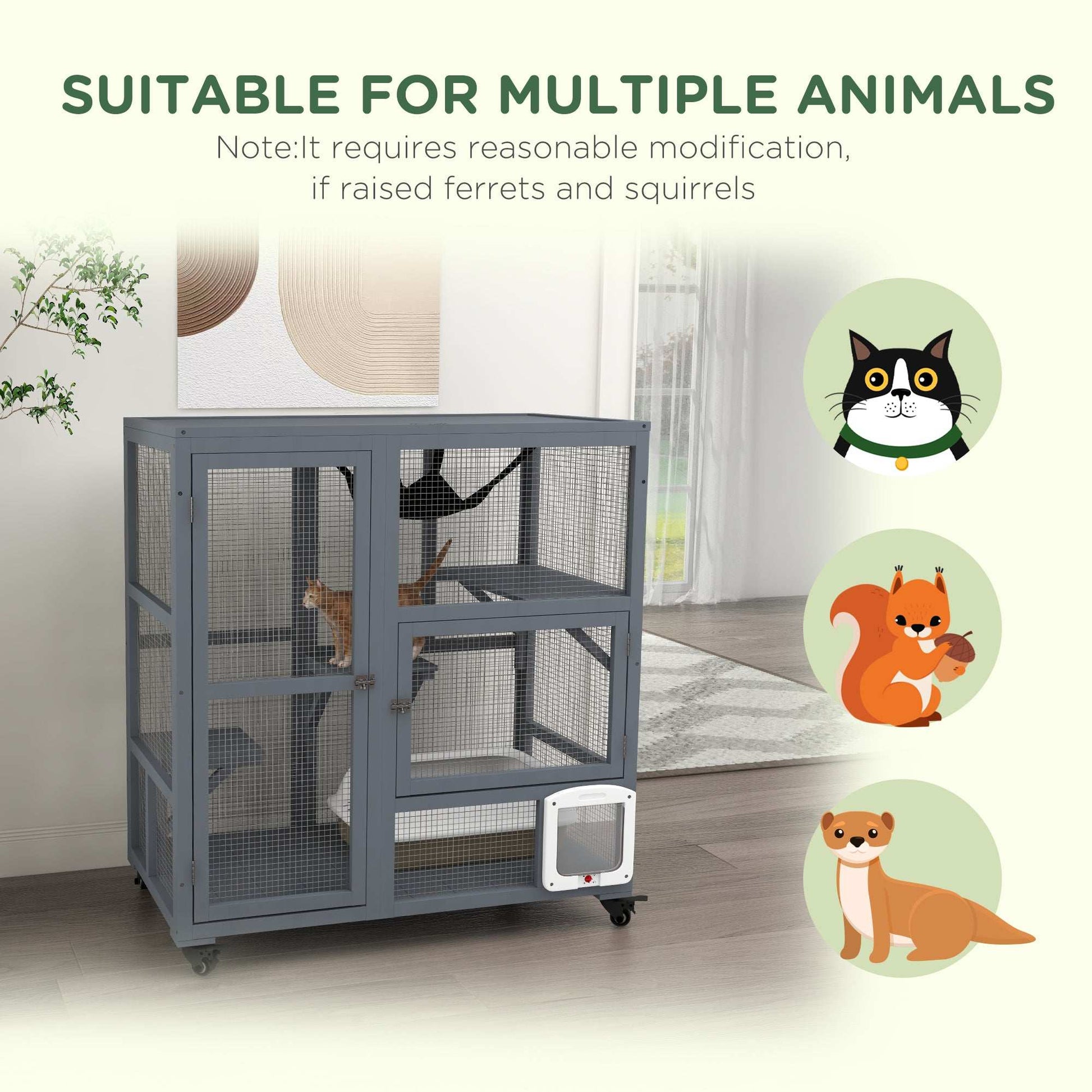 PawHut Cat Cage House, Catio Cat Outdoor Enclosure on Wheels, Weather-Resistant Wooden Kitty Cage W/ Platforms, 100L x 60W x 110Hcm - Light Grey