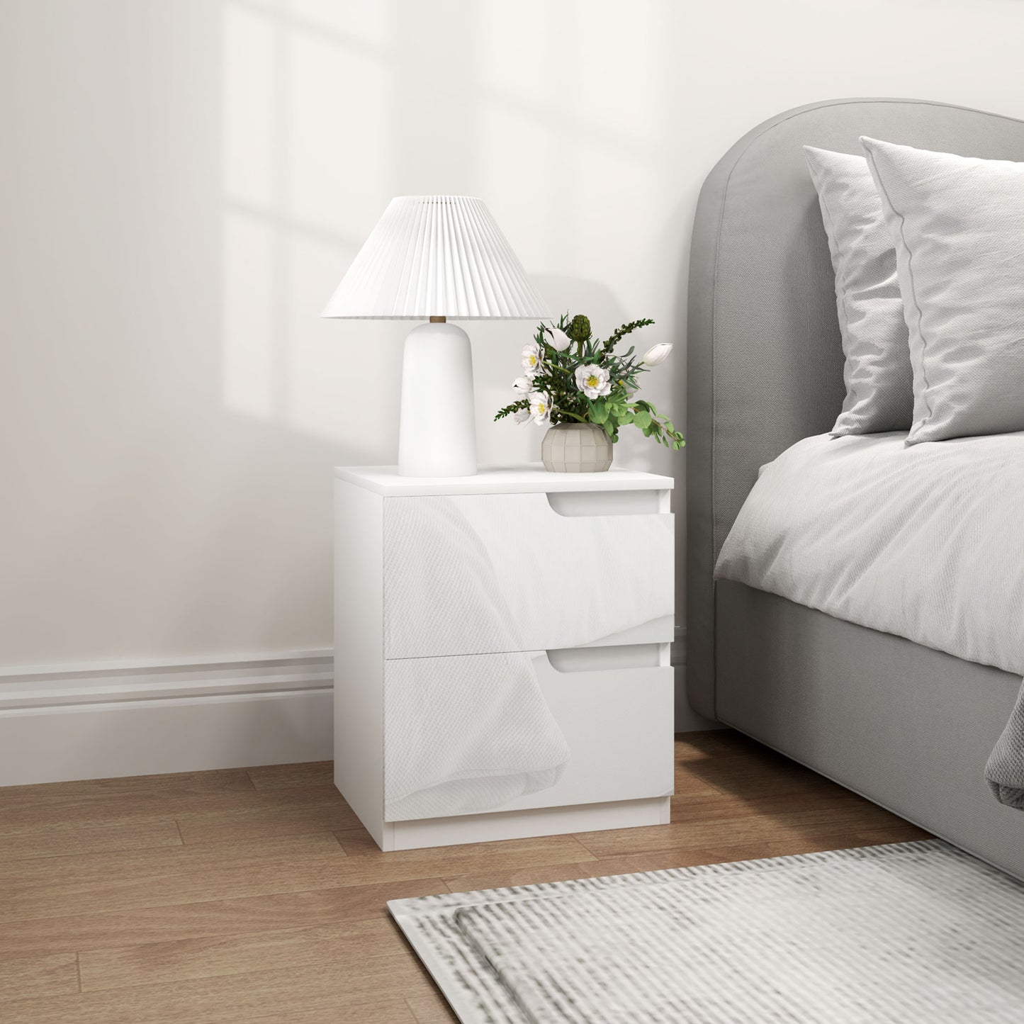 Set of Two High Gloss Bedside Tables - White