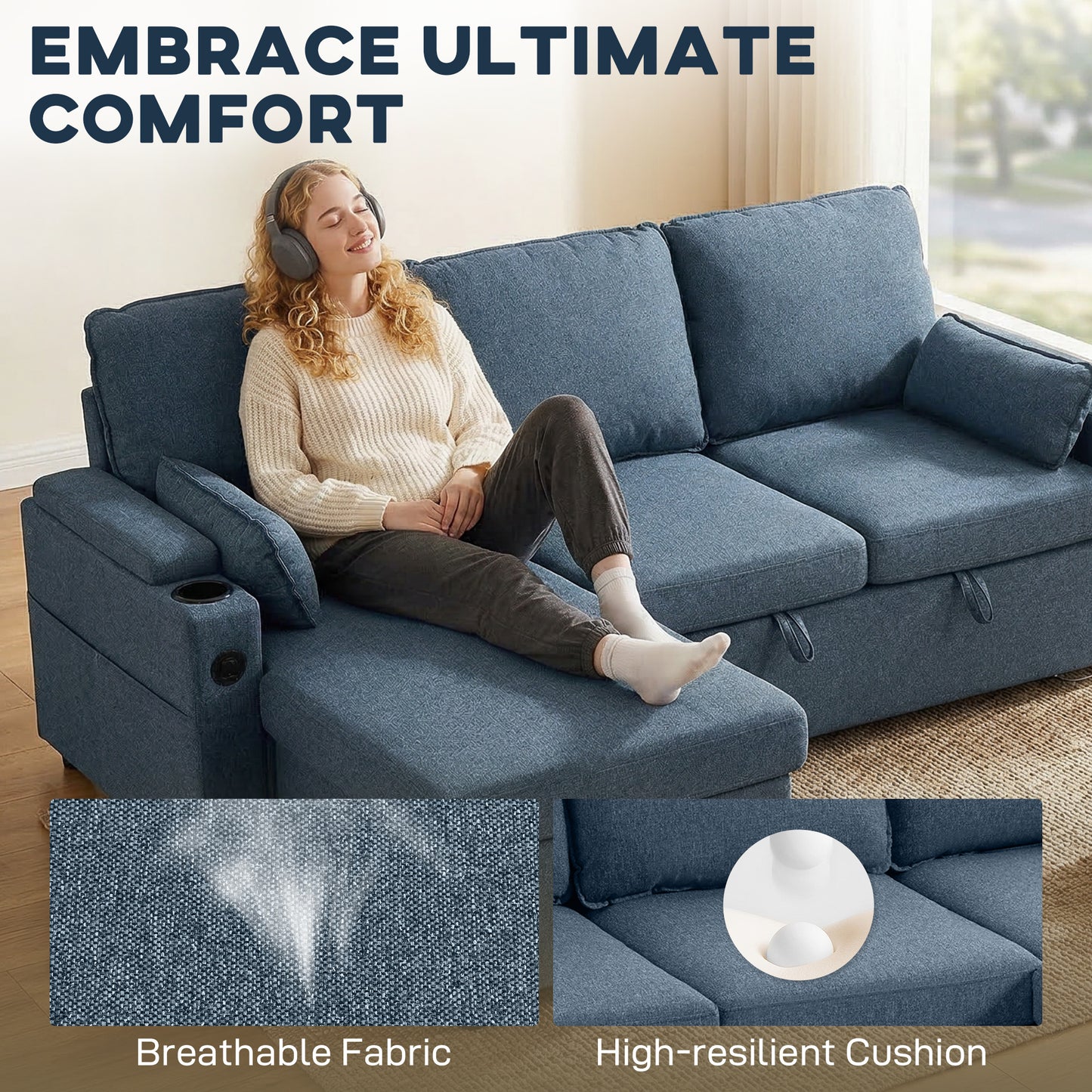 Corner Sofa Bed, L Shaped Sleeper Sectional Sofa with Reversible Storage Chaise, Blue / Grey
