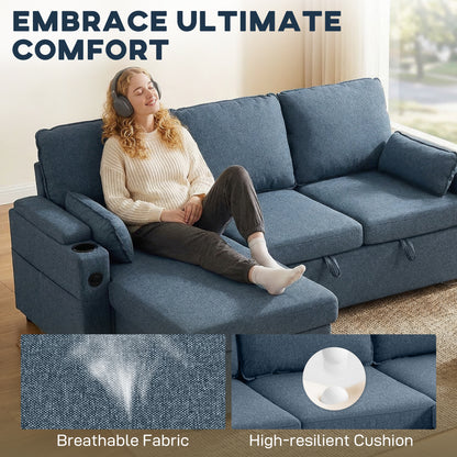 Corner Sofa Bed, L Shaped Sleeper Sectional Sofa with Reversible Storage Chaise, Blue / Grey