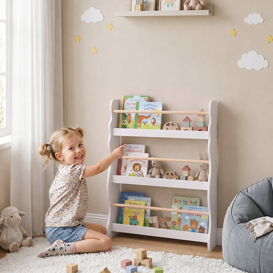 AIYAPLAY White 3-Tier Kids Bookshelf | 60cm Wide Slim Book Display with Pine-Tone Rails | Wall-Fixed Design | Ages 3–8