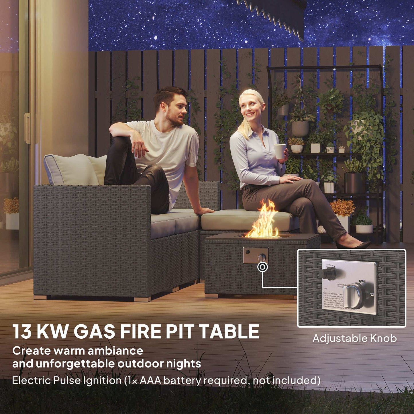 Outsunny Five Piece Rattan Garden Furniture Set with Gas Fire Pit Table and Footstool - Grey