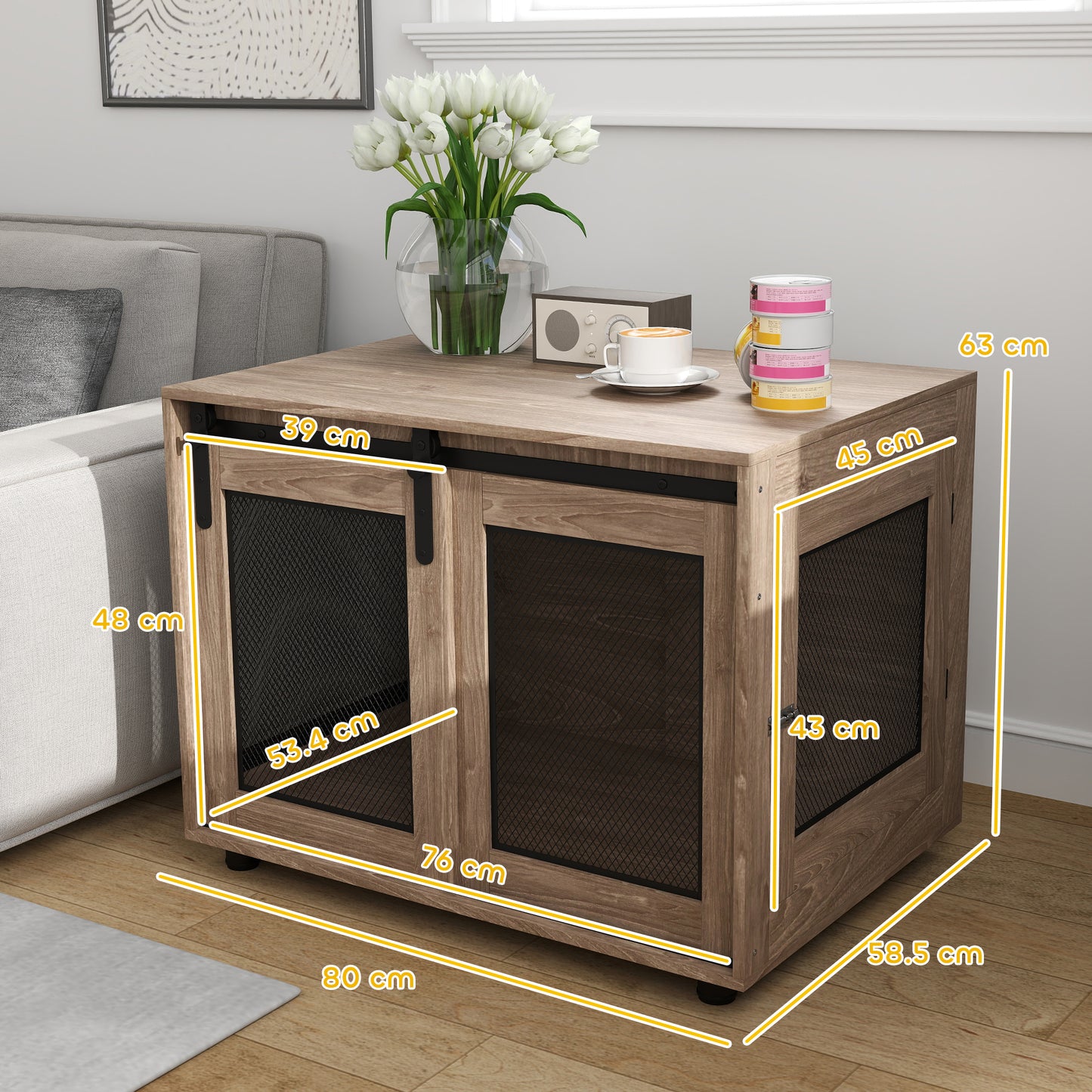 Dog Crate Furniture Side Table | Barn Door & Side Door | 3-Sided Ventilation | Medium Dogs up to 20kg | 80 x 58.5 x 63cm | Walnut Brown