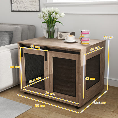 Dog Crate Furniture Side Table | Barn Door & Side Door | 3-Sided Ventilation | Medium Dogs up to 20kg | 80 x 58.5 x 63cm | Walnut Brown