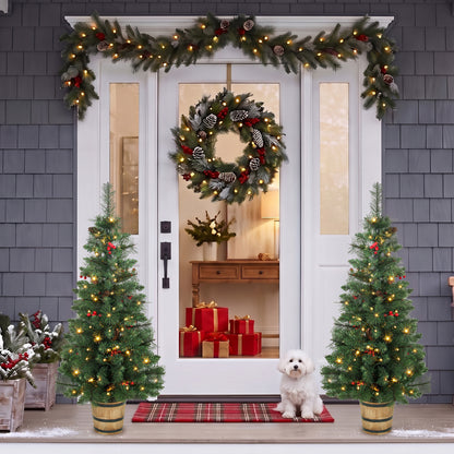 Set of 2 Pre-Lit Christmas Trees | Green PVC Steel | 120cm 4ft | 100 LEDs Warm White Multicolour | 11 Modes Remote | Pine Cones Berries | Battery Operated | Barrel Pot Base | Flame Retardant