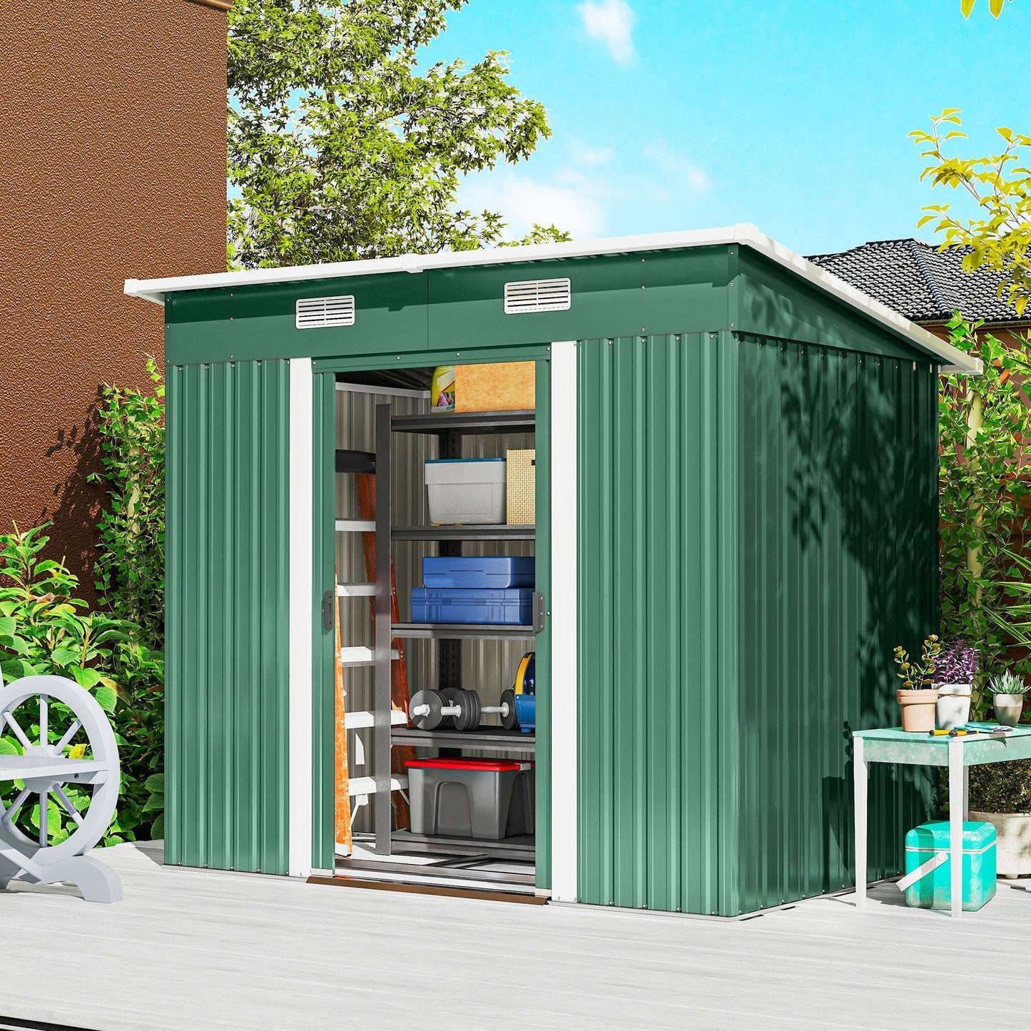 Corrugated Galvanised Steel Garden Storage Shed | Sliding Door | 2 Front Vents | Sloped Roof | Foundation Kit | 203x130x182cm | Bikes Tools Logs & Bins | Green