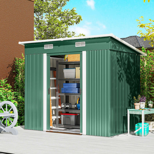 Corrugated Galvanised Steel Garden Storage Shed | Sliding Door | 2 Front Vents | Sloped Roof | Foundation Kit | 203x130x182cm | Bikes Tools Logs & Bins | Green