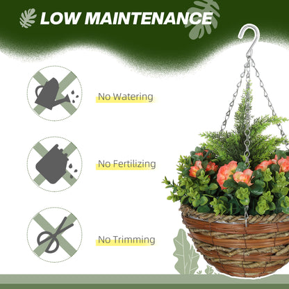 Pack of 2 Faux Plant Artificial Lisianthus Flowers Hanging Planter with Basket for Indoor Outdoor Decoration, Orange / Yellow