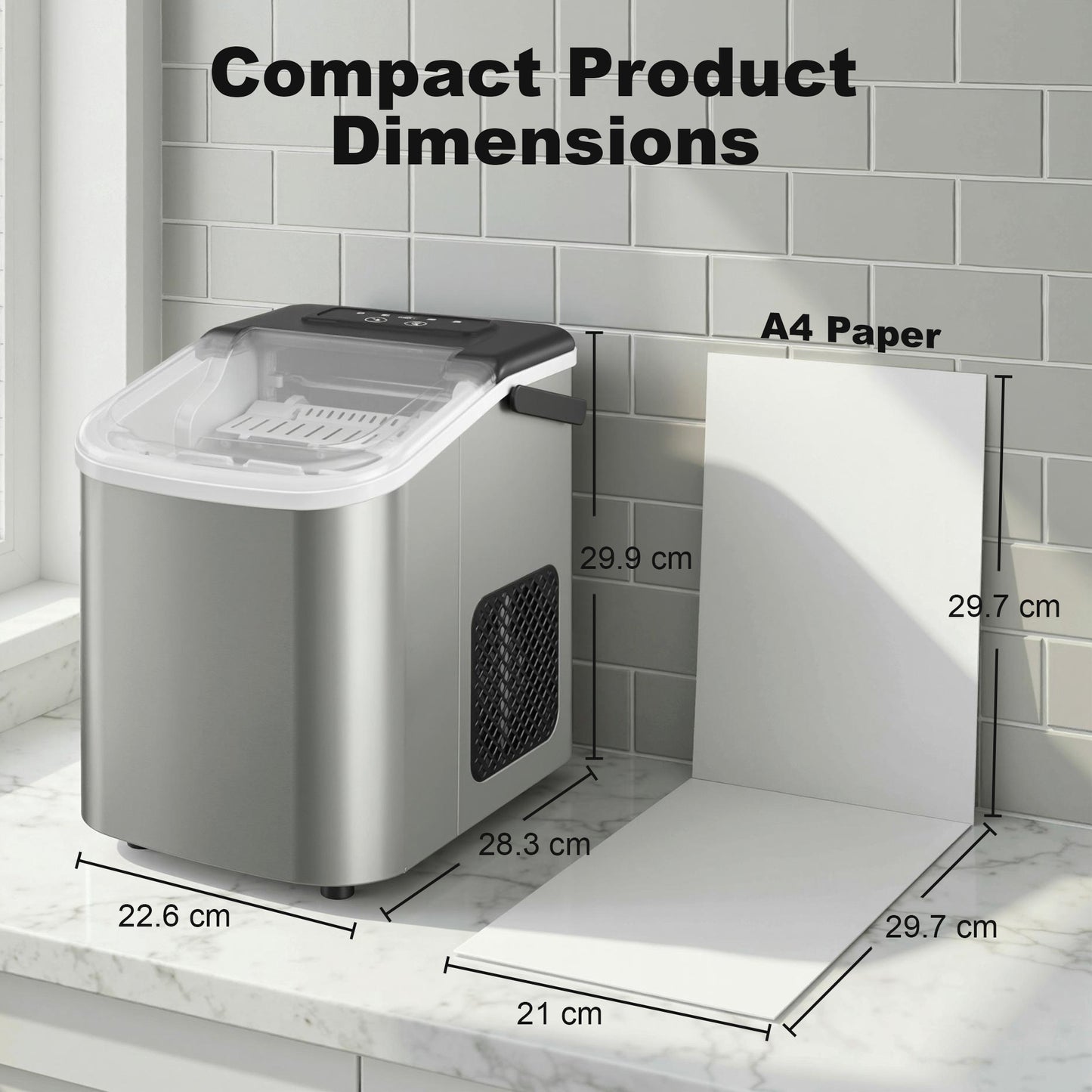 Countertop Ice Maker Machine – 9 Cubes in 7 Mins, 12kg/24hr, 2 Bullet Sizes, Self-Cleaning, Portable, Stainless Steel, For Home, Kitchen & Office
