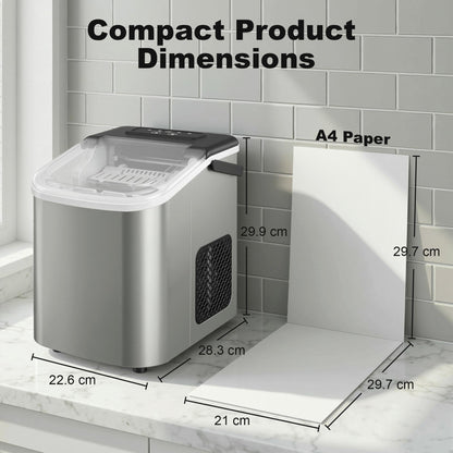 Countertop Ice Maker Machine – 9 Cubes in 7 Mins, 12kg/24hr, 2 Bullet Sizes, Self-Cleaning, Portable, Stainless Steel, For Home, Kitchen & Office