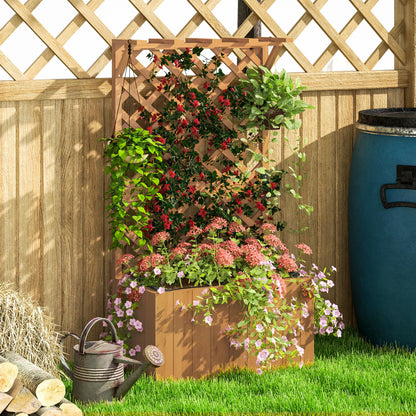 Wooden Planter with Trellis, Freestanding Raised Garden Bed with Drainage Holes, Outdoor Planter Box with Liner for Vegetables, Herbs and Flowers