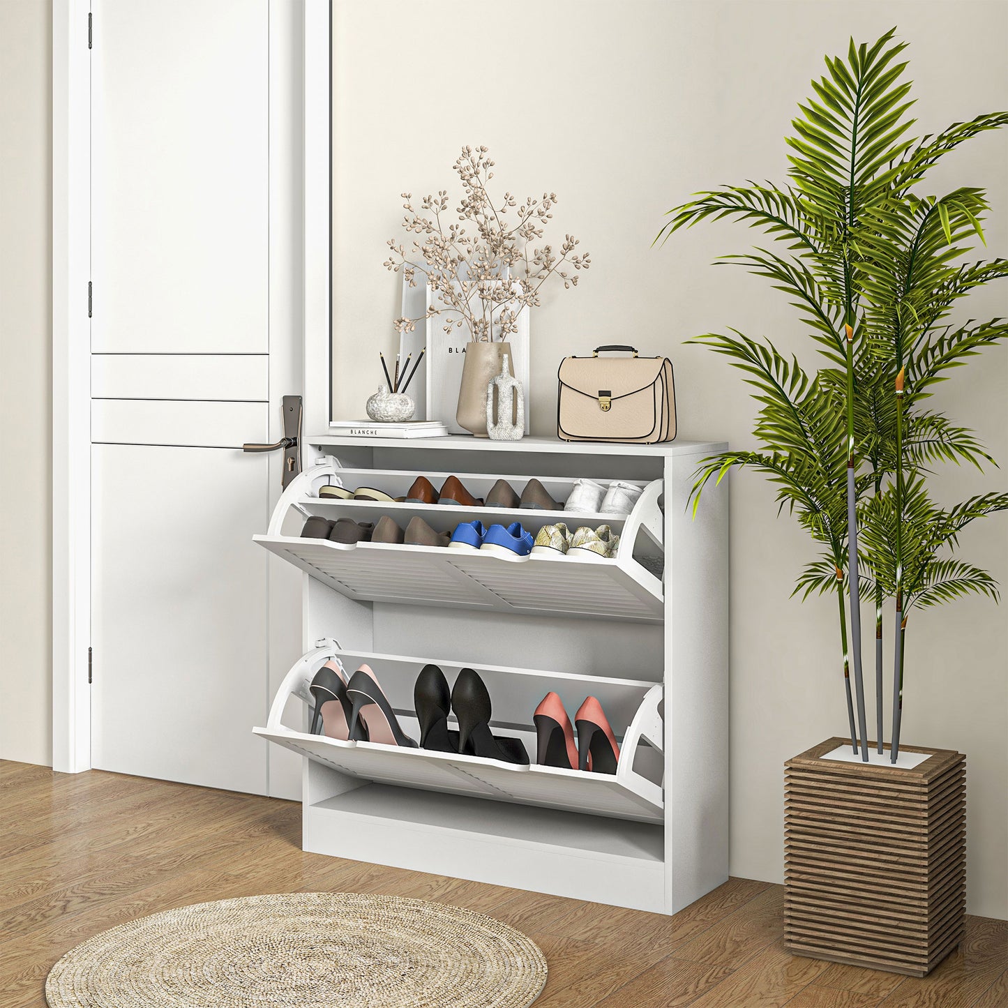 2 Drawers Entryway Shoe Cabinet, Narrow Storage Cabinet W/ 2 Flip Drawers, Louvred Door Design & Adjustable Shelves for 16 Pairs - White