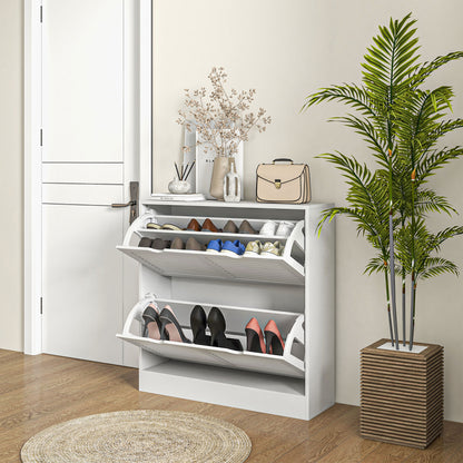 2 Drawers Entryway Shoe Cabinet, Narrow Storage Cabinet W/ 2 Flip Drawers, Louvred Door Design & Adjustable Shelves for 16 Pairs - White