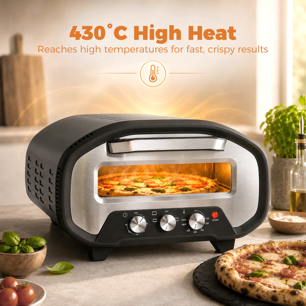 Electric Pizza Oven | 2200W Grey Countertop Pizza Maker with 430°C Ceramic Stone
