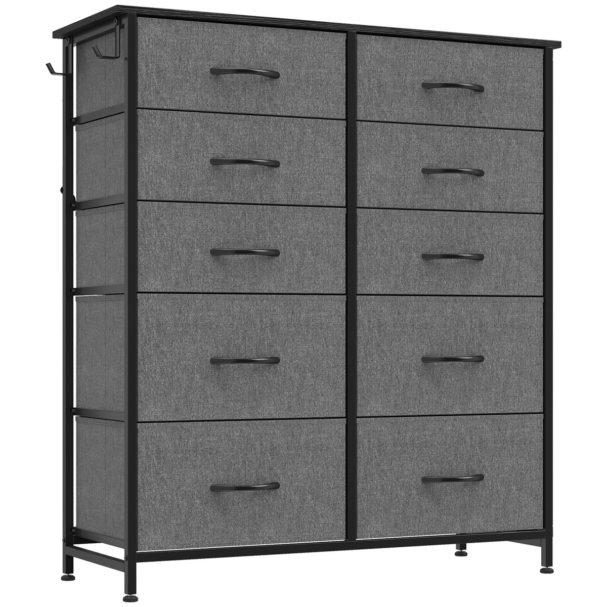 Chest of 10 Fabric Drawers | Grey & Black | Non-Woven Fabric Steel Particle Board | 80x30x94.5cm | 4 Side Pockets | 2 Hooks | X-Bar Frame | Adjustable Feet | Anti-Tip | 35kg