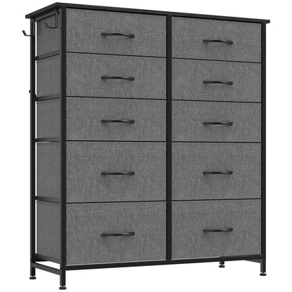 Chest of 10 Fabric Drawers | Grey & Black | Non-Woven Fabric Steel Particle Board | 80x30x94.5cm | 4 Side Pockets | 2 Hooks | X-Bar Frame | Adjustable Feet | Anti-Tip | 35kg
