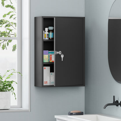 Kleankin 3-Tier Wall-Mounted Lockable Medicine Cabinet | Black Steel | 40x18x60cm | 2 Keys | Rust-Resistant | Pre-Drilled | Bathroom Kitchen | First Aid Storage