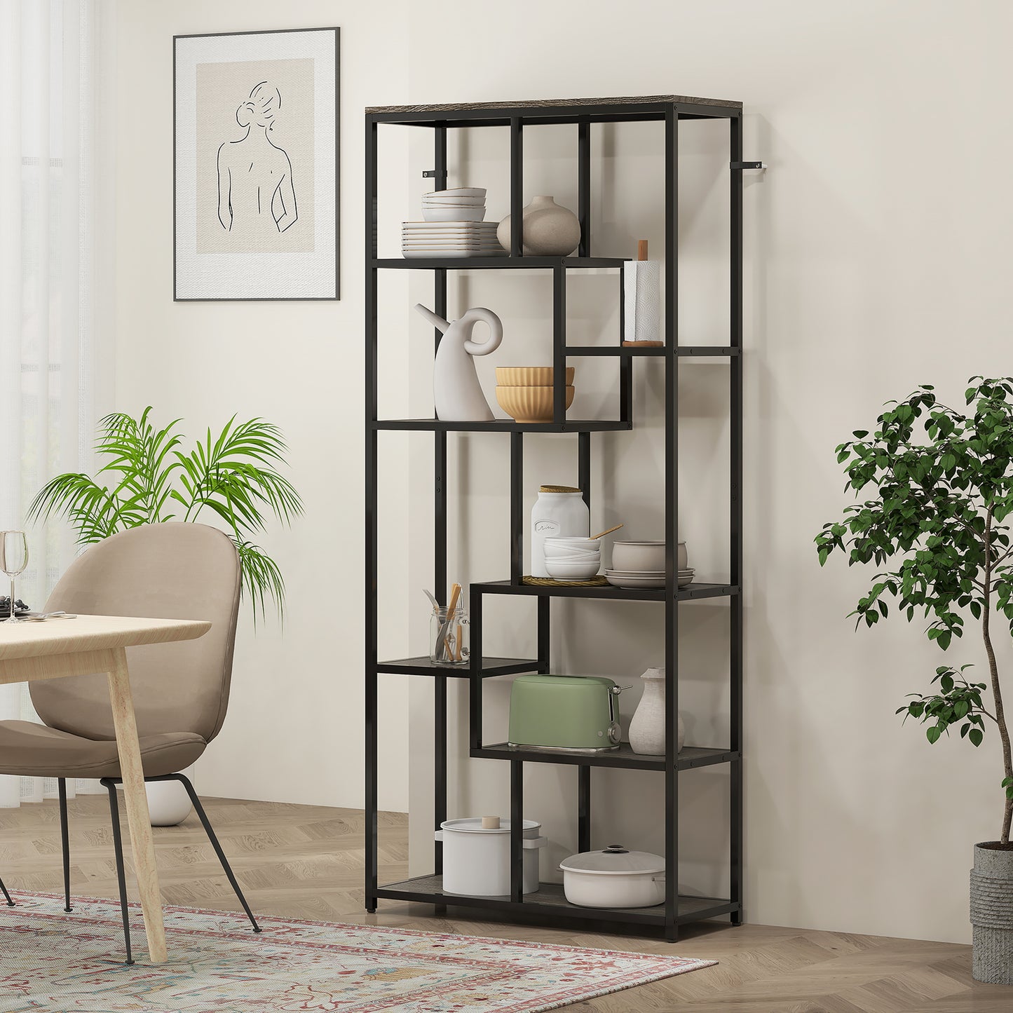 Seven-Tier Geometric Bookcase - Grey/Black