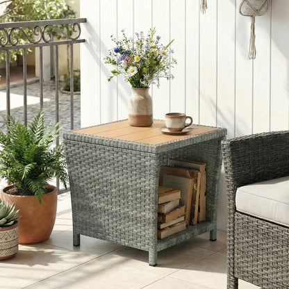 2-Tier Outdoor Rattan Side Table | PS Wood-Plastic Slat Top | PE Wicker | Powder-Coated Frame | UV-Resistant | 50kg | 45x45x43cm | Light Grey