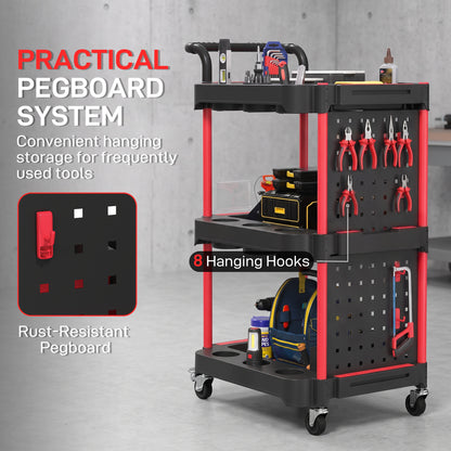 3-Tier Rolling Tool Cart | Mobile Workshop Trolley with Pegboard, 8 Hooks & 2 Brakes | 130 kg Capacity | Black & Red