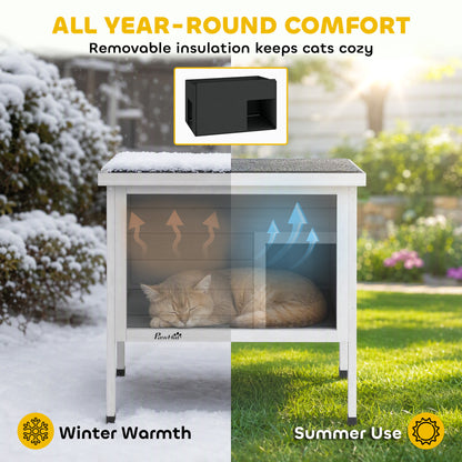 Insulated Outdoor Cat House with Removable Liner | Waterproof Asphalt Roof | 21cm Raised Base | Escape Door | Opening Roof | PVC Door Curtain | Fir Wood | For Cats Up To 6kg | 68x50x65cm | Dark Grey