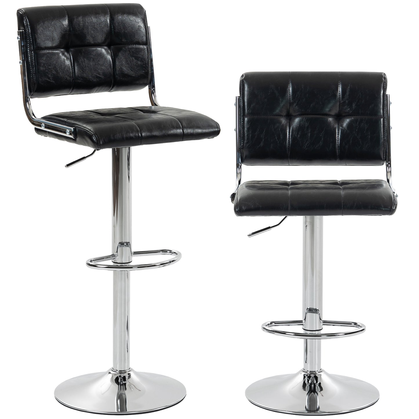 PU Leather Adjustable Bar Stools | Set of 2 | Square Tufted Backrest | Footrest | 62–83cm Height | Kitchen Island | Black