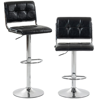 PU Leather Adjustable Bar Stools | Set of 2 | Square Tufted Backrest | Footrest | 62–83cm Height | Kitchen Island | Black