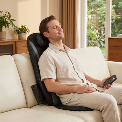 Shiatsu Back Massager Chair Pad | 4 Kneading Nodes | Spot Function | Heat | 3-Level Vibration | Car & Home | Black