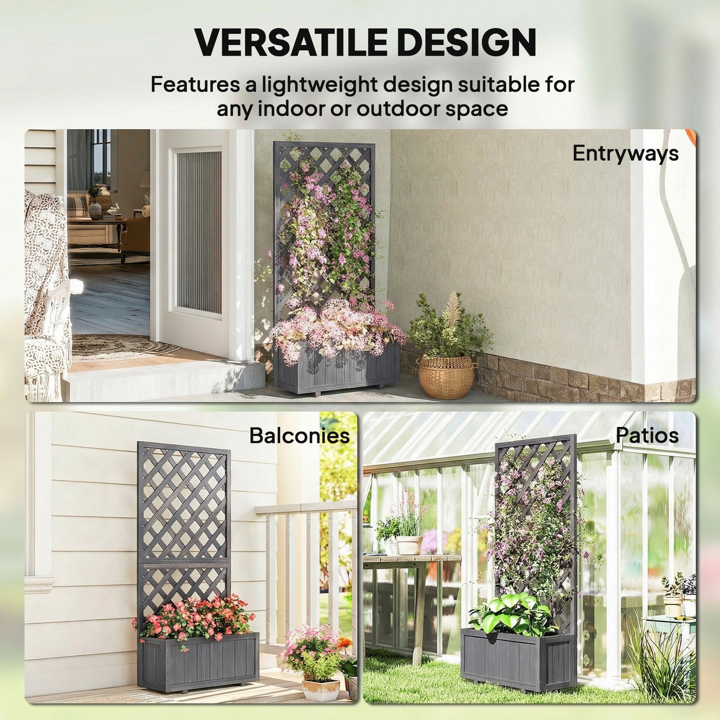 Wooden Planter Box with Trellis | Solid Fir Wood | Rot-Resistant | Drainage Holes | 25kg Capacity | 72.5x31.5x149.5cm | For Herbs Flowers & Climbing Plants | Grey