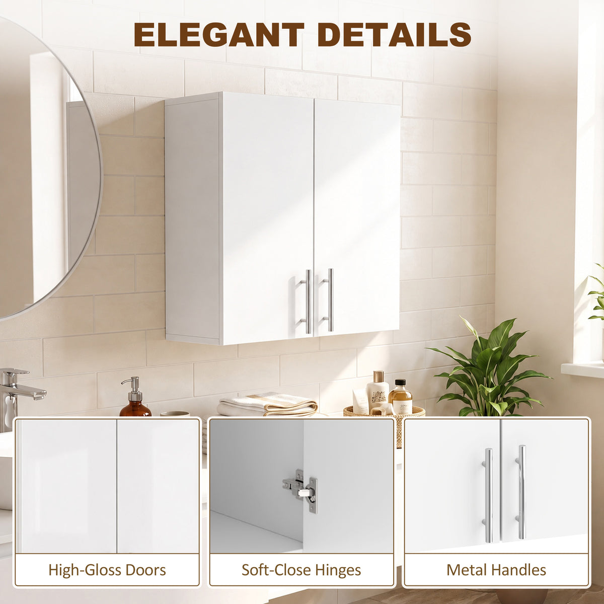 Wall-Mounted Cabinet | White MDF | 60x31x60cm | 2 Doors | Adjustable Shelf 6.4cm Steps | Soft-Close Hinges | 20kg | Bathroom Kitchen Living Room