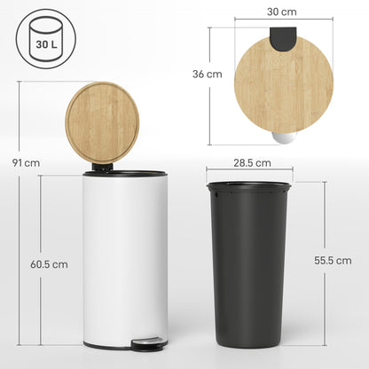 30L Kitchen Pedal Bin | Soft-Close Bamboo Lid | Removable Inner Bucket | Lid Stay-Open | Fingerprint-Proof | Metal & PP | Fully Assembled | 36x30x60.5cm | White & Natural