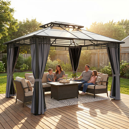 Outsunny 3 x 3.6 m Outdoor Hardtop Gazebo Canopy with 2-Tier Roof, Permanent Pavilion Garden Metal Gazebo with Sides, Dark Grey