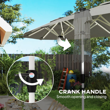 3m Double-Sided Garden Parasol | 12 Solar LED Strips | UPF30+ 180GSM Canopy | 12 Metal Ribs | Vented | Crank Handle | 295cm | Grey
