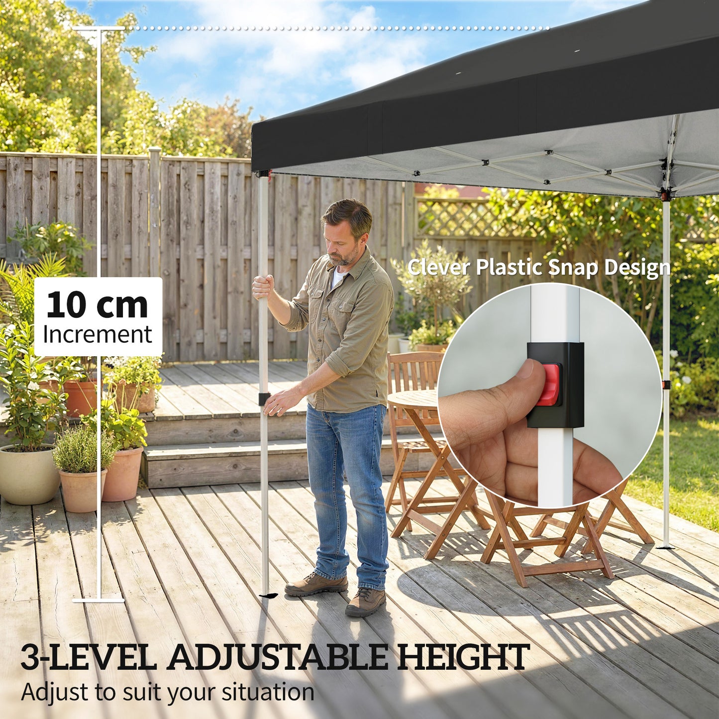 3x6m Pop-Up Canopy Gazebo | 17.5m² Coverage | 210D Silver-Coated UPF50+ Oxford Fabric | 6 Detachable Sidewalls | 3-Level Height Adjustment | 12 Drainage Holes | 18 Stakes & 6 Guy Ropes | Wheeled Carry Bag | Black